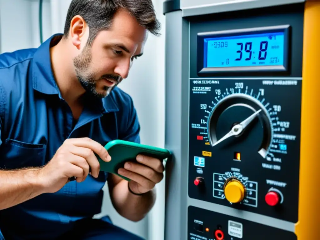 Técnico experto usando multímetro para diagnosticar calentador de agua Un técnico usando un multímetro digital para diagnosticar un calentador de agua