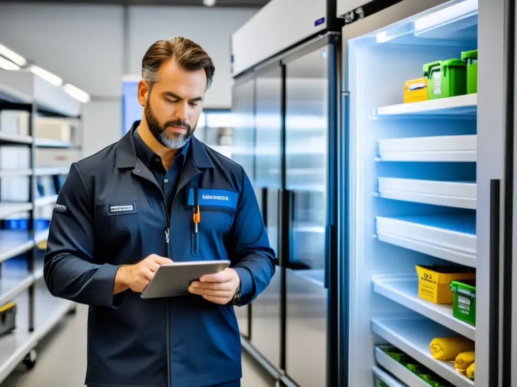 Técnico de freezer inspecciona con concentración Un técnico profesional inspecciona un congelador moderno en un taller limpio y bien iluminado, mostrando eficiencia y expertise