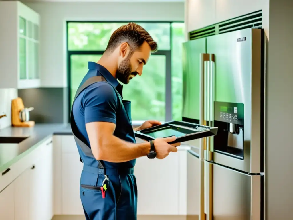 Inspección profesional de electrodomésticos en cocina moderna Un técnico profesional inspecciona electrodomésticos en una cocina moderna, resaltando la importancia del mantenimiento para prolongar su vida útil