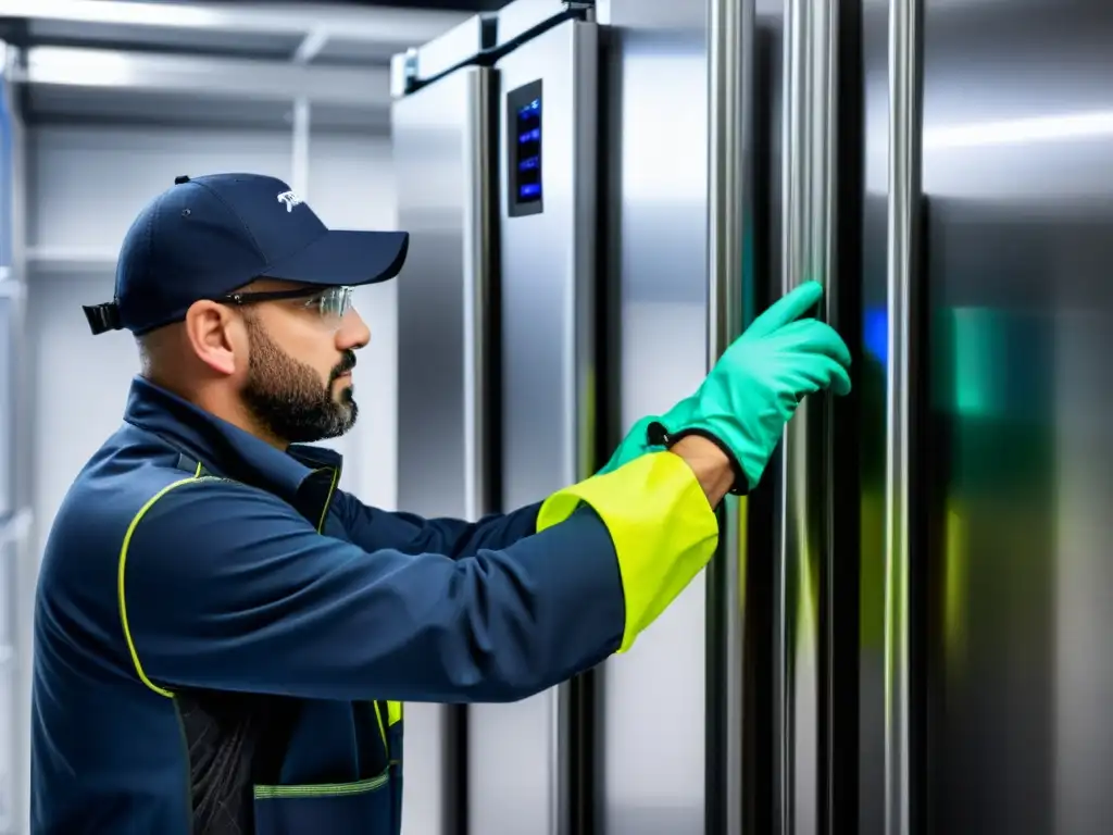 Técnico experto realiza mantenimiento de alto nivel en congelador moderno Un técnico profesional con guantes realiza mantenimiento en un congelador moderno