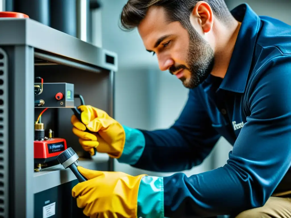 Técnico experto en limpieza de sistemas de calefacción Un técnico profesional limpia con precisión el sistema de calefacción, transmitiendo confianza y competencia en el mantenimiento preventivo