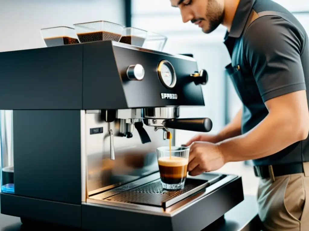 Técnico profesional limpia a fondo una moderna máquina de café 'Un técnico profesional realiza el mantenimiento detallado de una moderna máquina de café expreso, mostrando la importancia del cuidado especializado