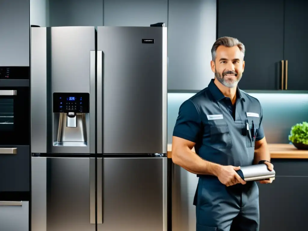 Experto en mantenimiento doméstico: técnico profesional en acción Un técnico profesional realiza mantenimiento en electrodomésticos de alta gama en una cocina moderna, destacando la importancia de los consejos mantenimiento electrodomésticos vida útil