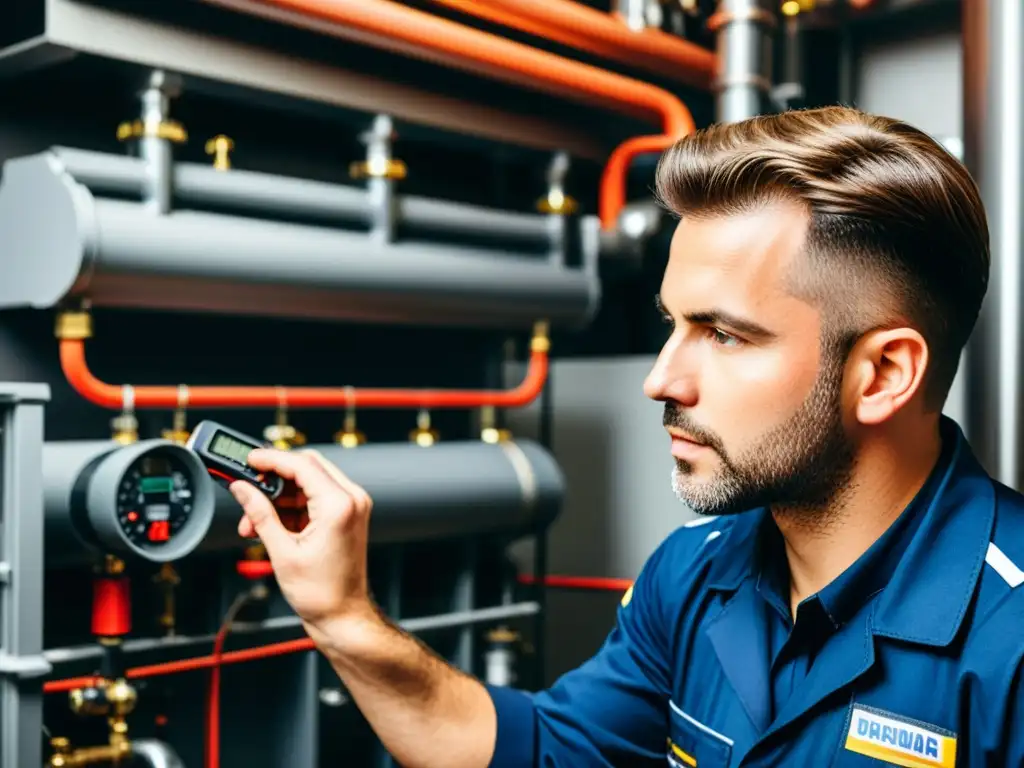 Técnico experto inspeccionando sistema de calefacción con precisión Un técnico profesional realiza el mantenimiento preventivo de un sistema de calefacción con precisión y expertise