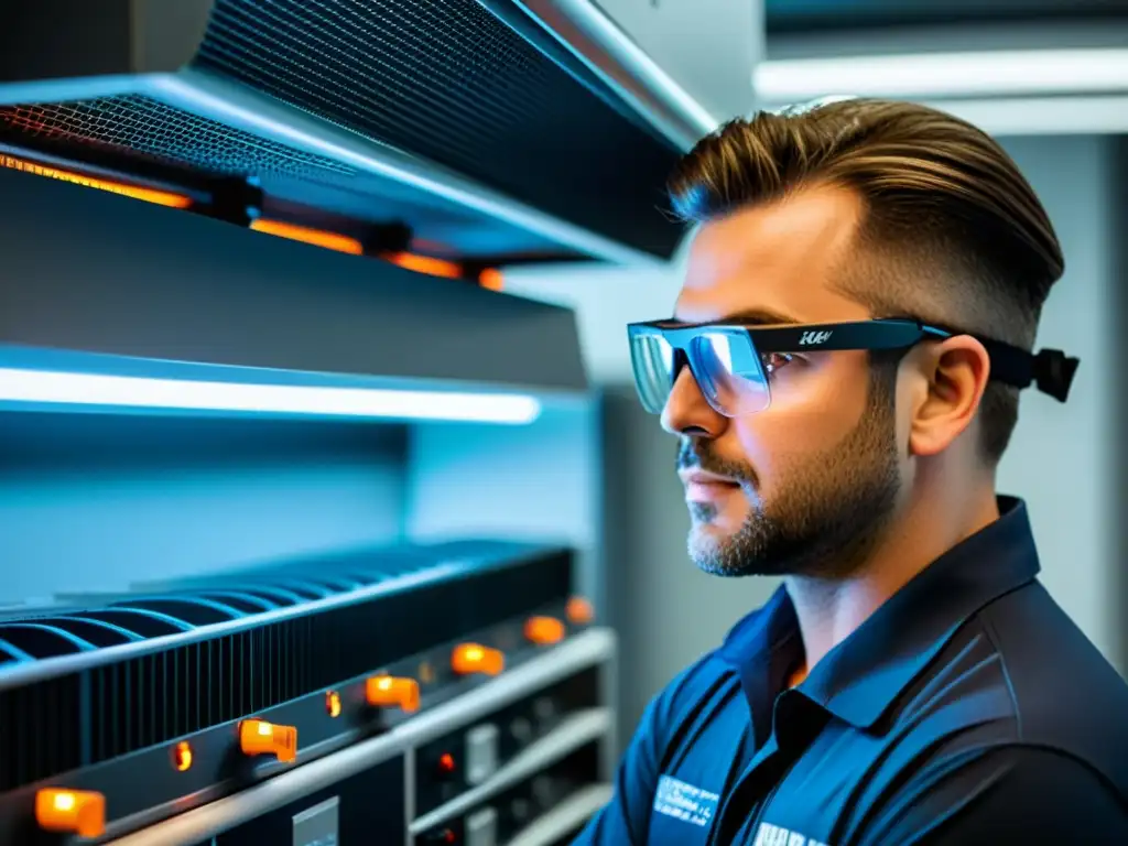 Técnico HVAC inspeccionando sistema de calefacción de vanguardia Un técnico profesional realiza el mantenimiento preventivo de un moderno sistema de calefacción en un ambiente futurista y profesional