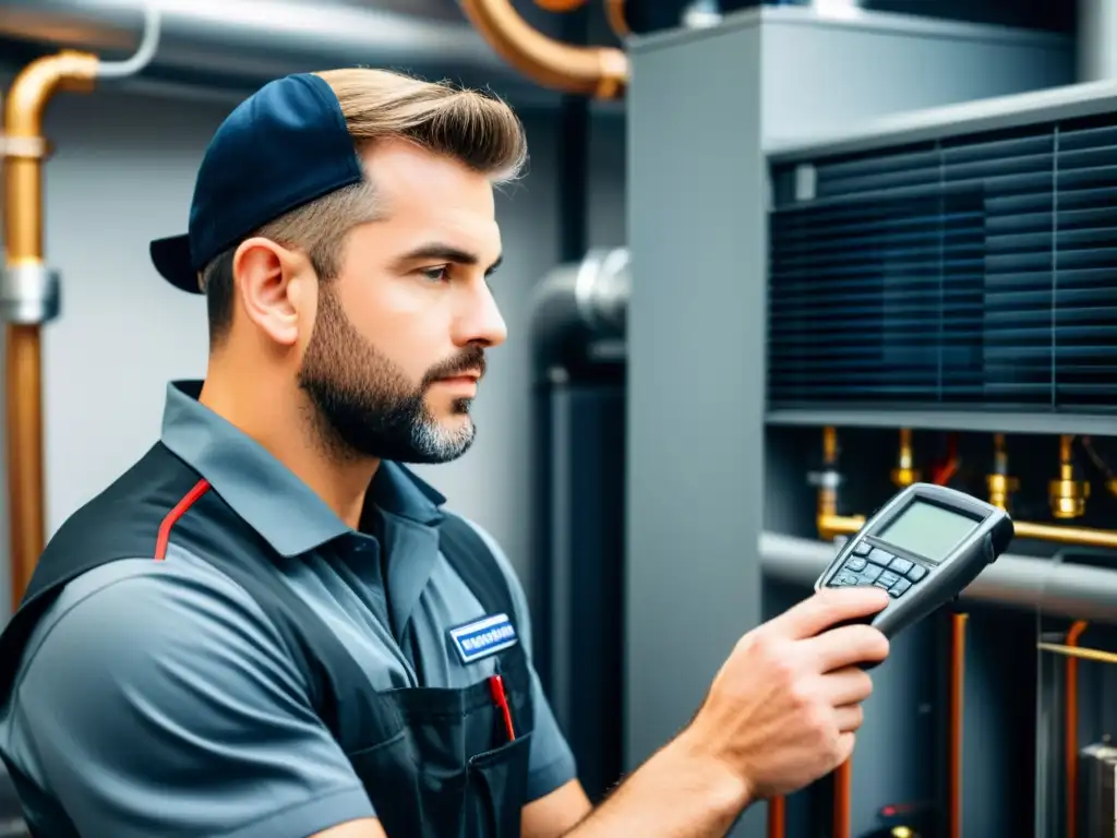 Inspección de calefacción: técnico profesional en acción Un técnico profesional realiza el mantenimiento preventivo de un sistema de calefacción de última generación con herramientas avanzadas