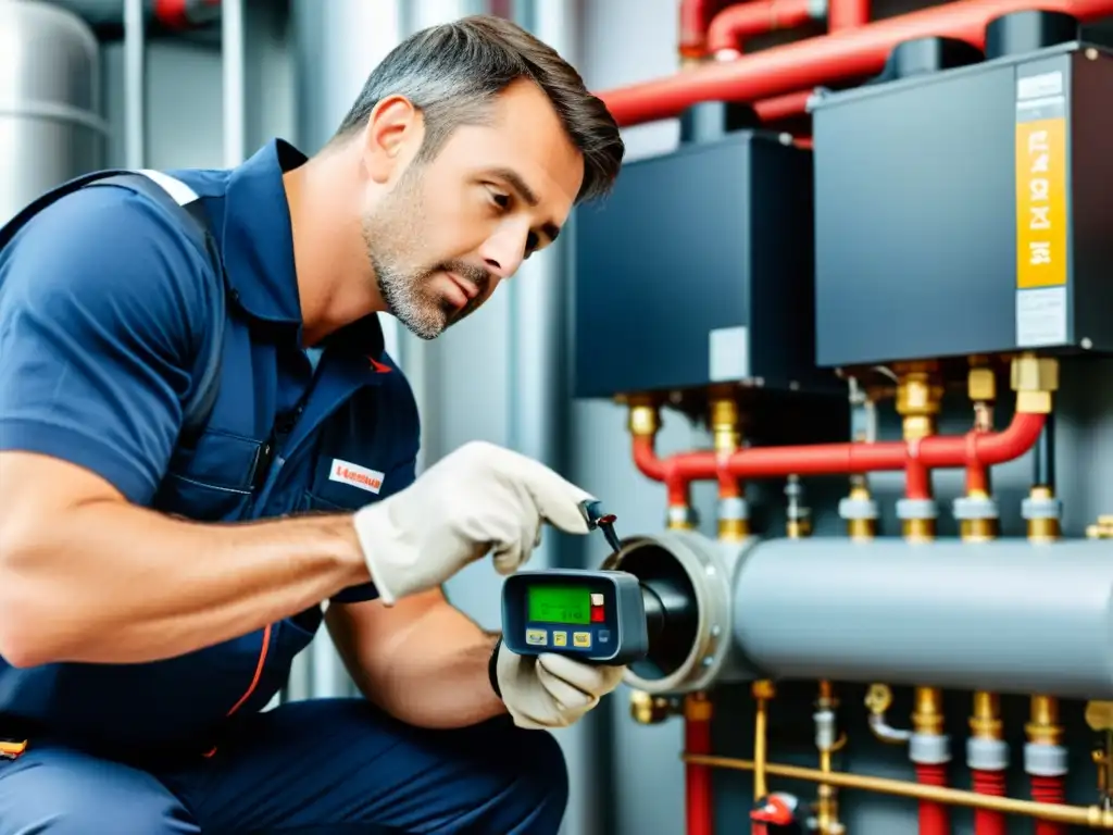 Experto técnico en mantenimiento de sistemas de calefacción Un técnico profesional inspecciona y realiza mantenimiento preventivo al sistema de calefacción, mostrando expertise y cuidado