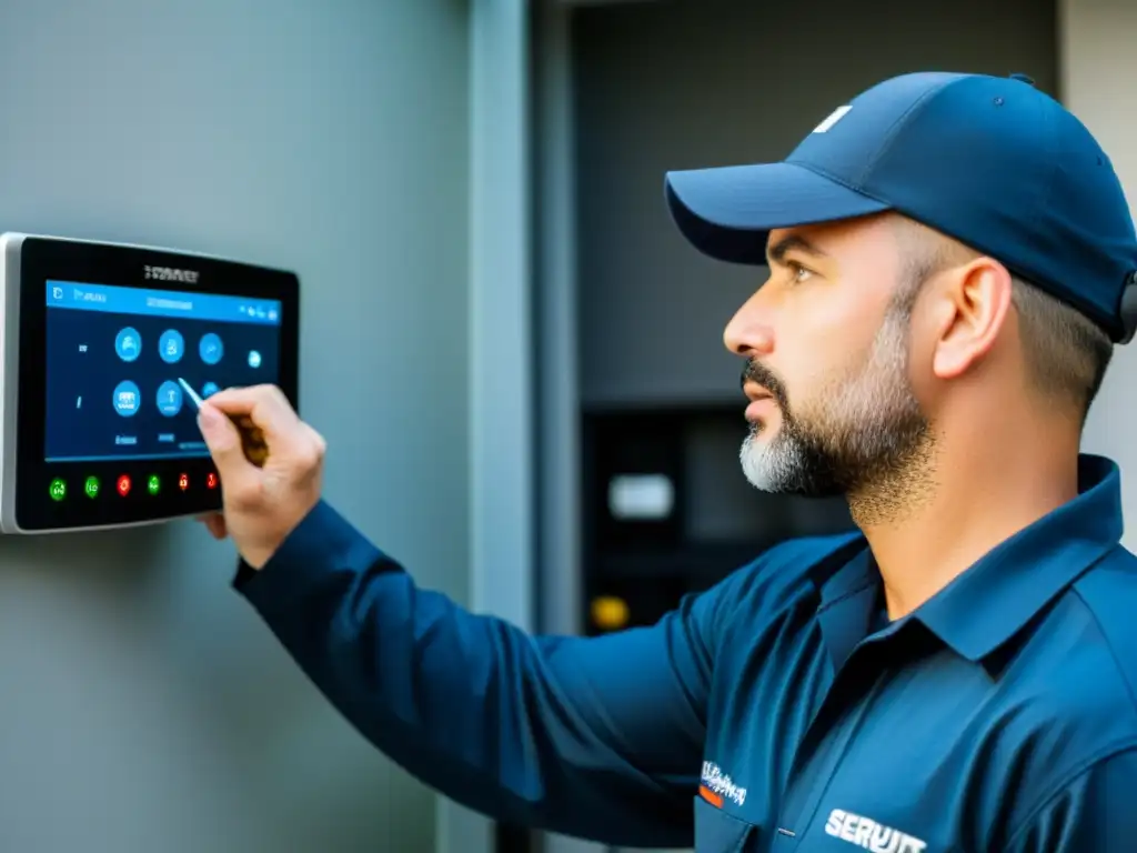 Técnico de seguridad pro inspeccionando sistema con precisión Un técnico profesional realiza el mantenimiento del sistema de seguridad del hogar con precisión y eficiencia