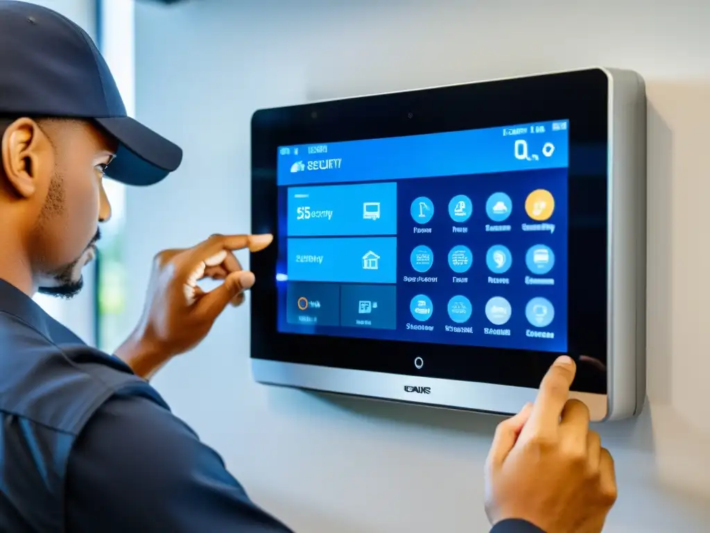 Técnico de seguridad ajustando sistema moderno Un técnico profesional realiza el mantenimiento del sistema de seguridad del hogar, ajustando la configuración en un panel moderno y elegante
