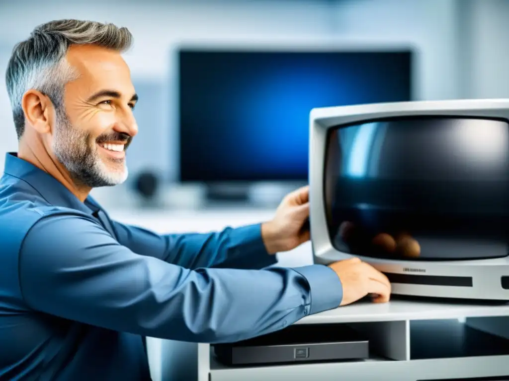Un técnico sonriente y determinado resolviendo problemas con herramientas modernas para reparar un televisor que no enciende