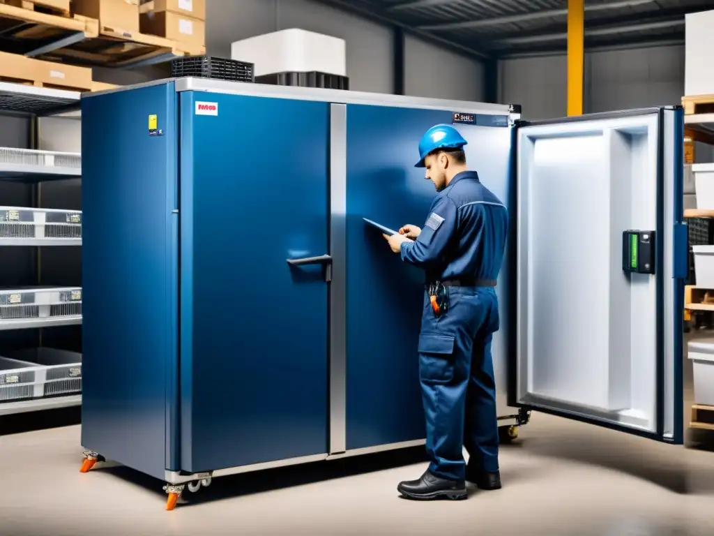 Inspección profesional de congelador industrial Un técnico en uniforme azul inspecciona el congelador industrial con herramientas y repuestos, transmitiendo profesionalismo