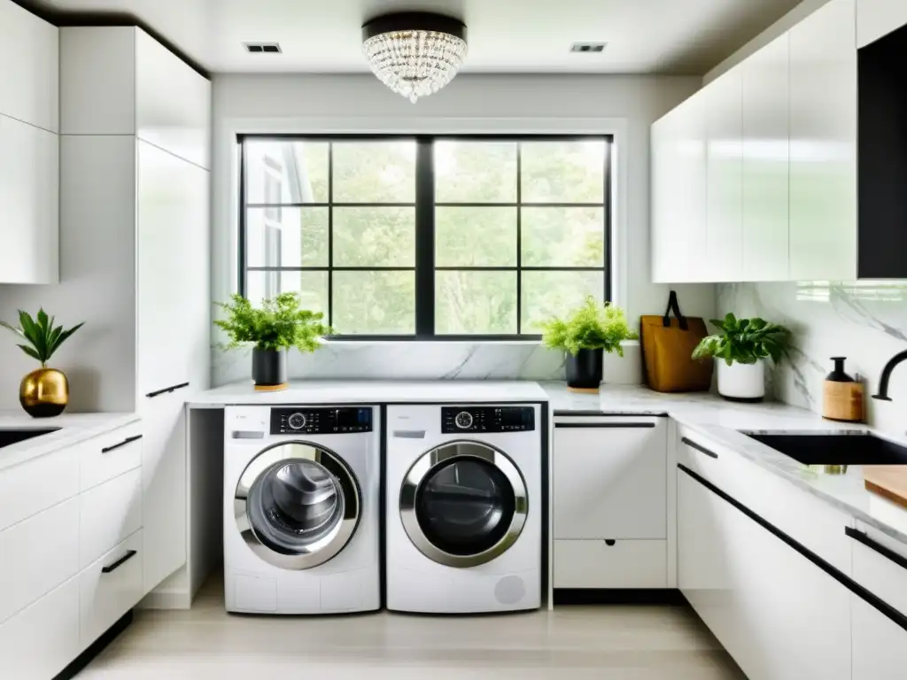 Lavandería moderna con diseño minimalista y luz natural Innovación en lavandería con tecnología: Moderna sala con elegantes gabinetes blancos, encimeras de mármol y electrodomésticos de acero inoxidable