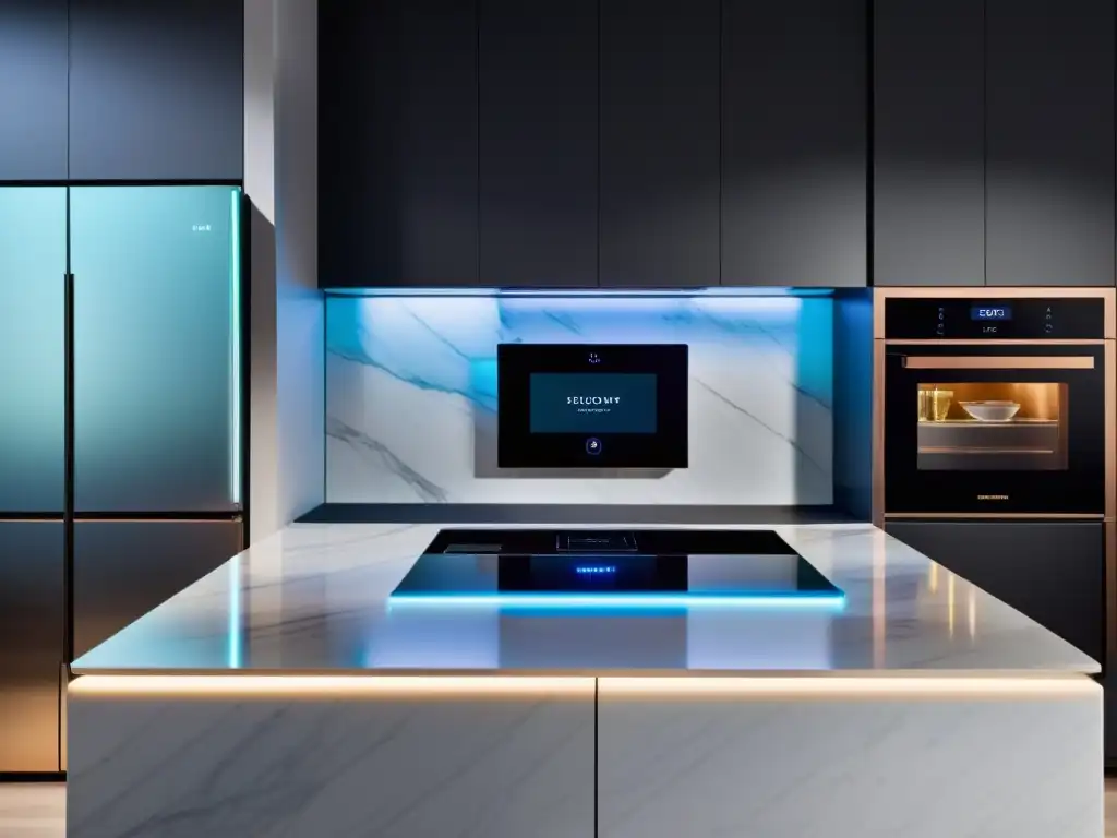 Cocina futurista de lujo con tecnología inteligente y diseño minimalista Tecnologías emergentes cocinas del futuro: Cocina futurista con diseño minimalista, electrodomésticos integrados y sistema de cocción inteligente