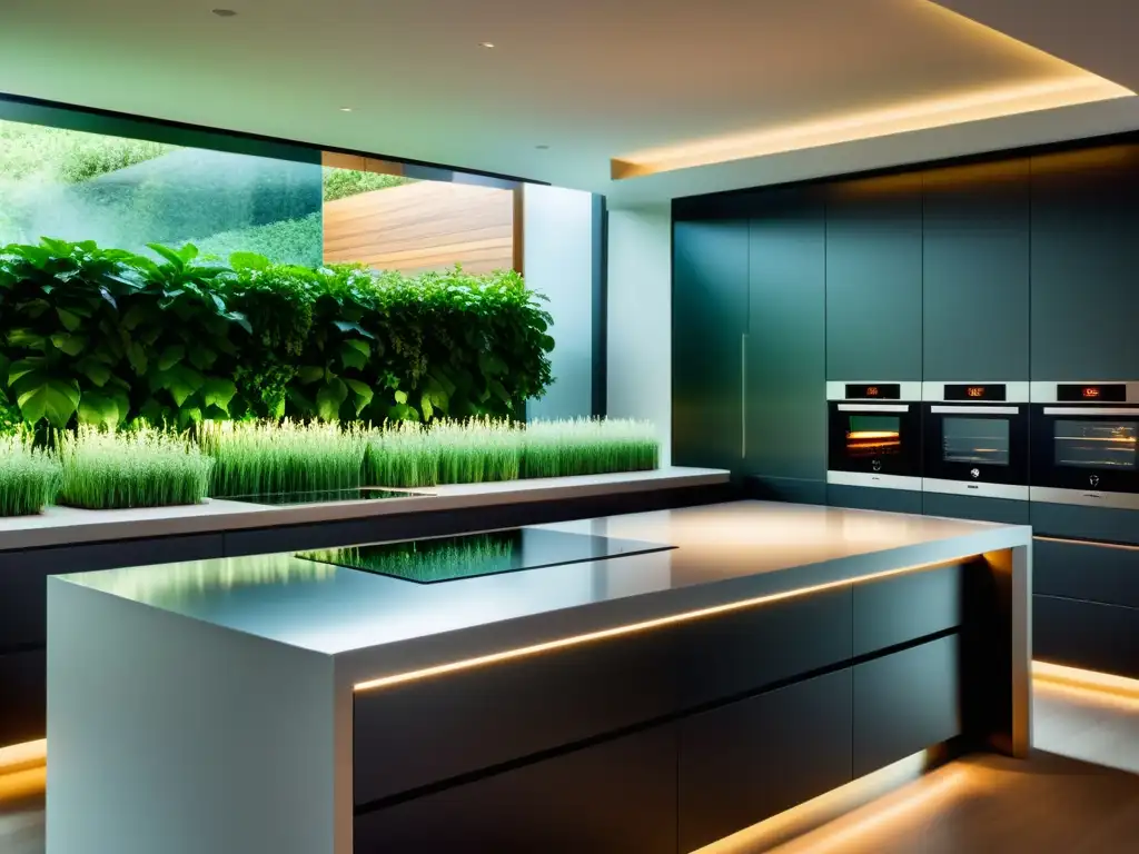 Cocina futurista con tecnología inteligente y ambiente natural Tecnologías emergentes cocinas del futuro: Cocina futurista con electrodomésticos de vanguardia y ambiente acogedor integrado a la naturaleza