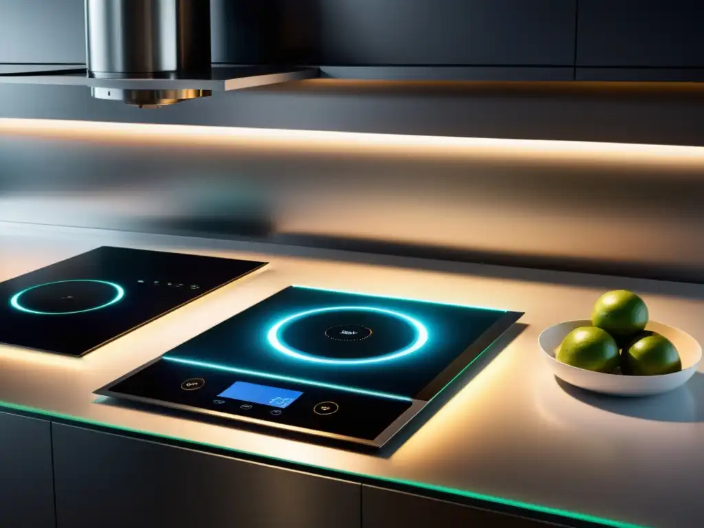 Cocina futurista con electrodomésticos inteligentes y estaciones de cocina personalizadas Tecnologías emergentes cocinas del futuro: Ambiente futurista con electrodomésticos inteligentes, paneles holográficos y luces LED integradas