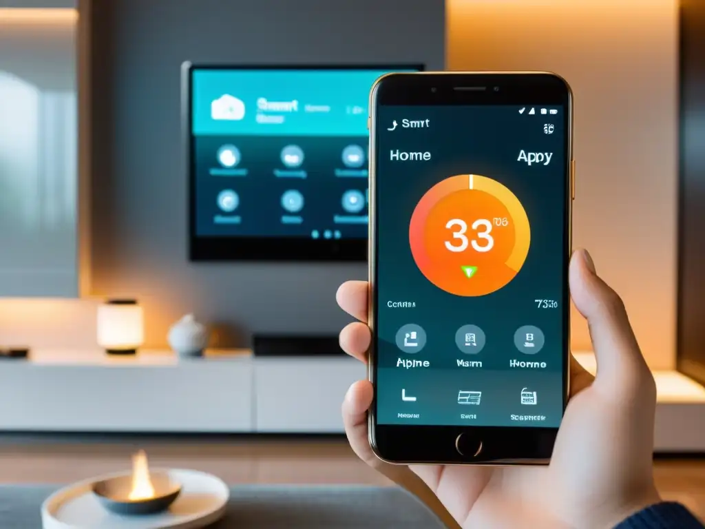 Controla tu hogar con un smartphone: comodidad y modernidad Teléfono inteligente controlando electrodomésticos en una casa moderna