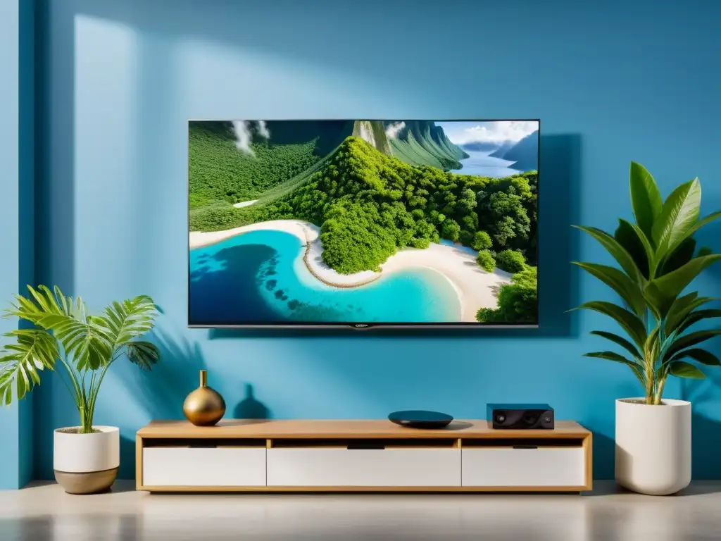 Televisor ecológico para hogar sostenible con pantalla naturaleza y planta verde colgante, combinando tecnología y naturaleza