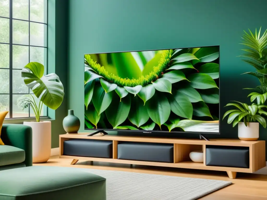 Televisor ecológico integrado en sala sostenible con plantas y decoración ecofriendly
