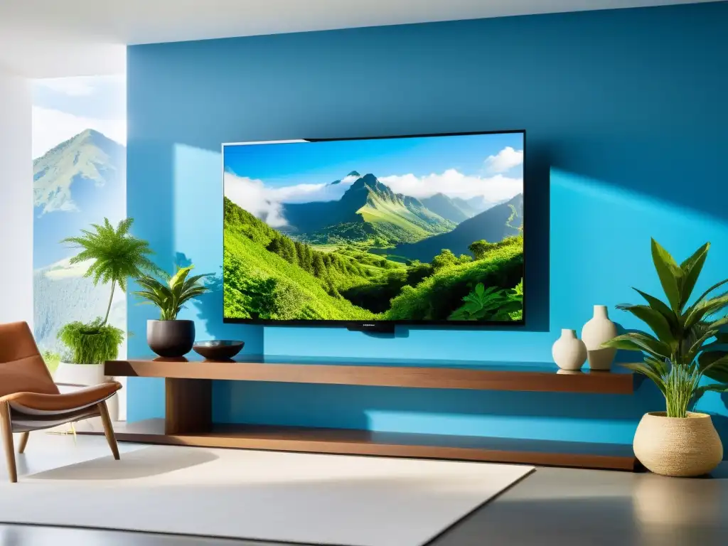 Televisores ecológicos para hogar sostenible: Televisor integrado en sala de estar moderna y ecológica con escena natural vibrante en pantalla