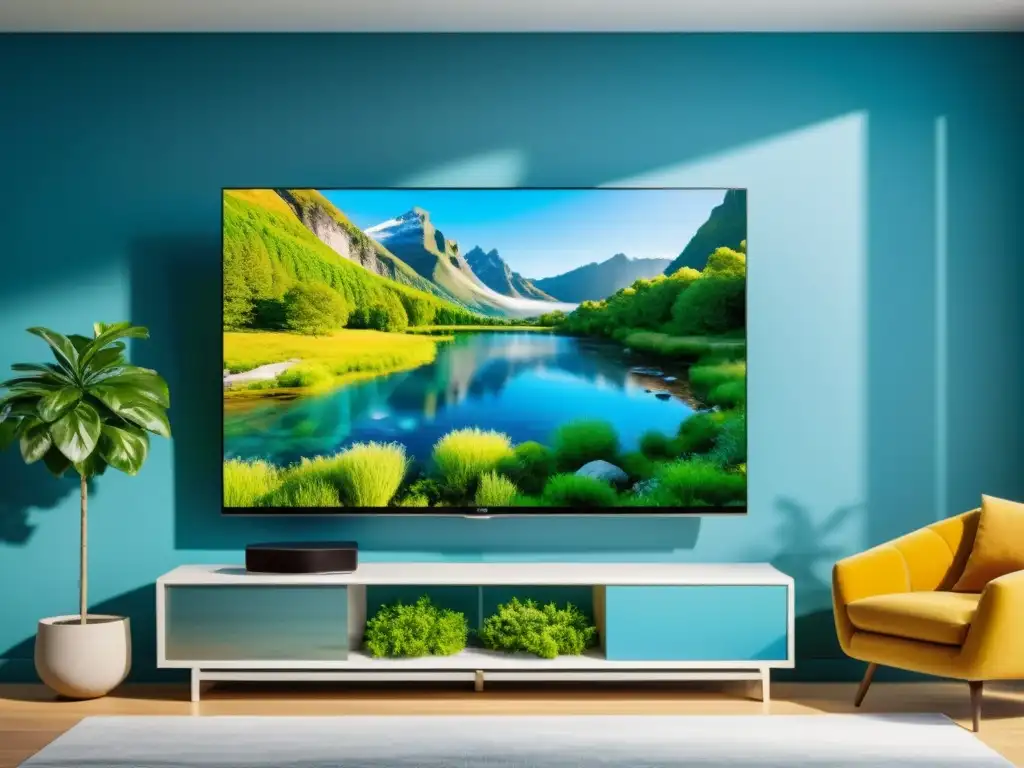 Televisores ecológicos para hogar sostenible: Pantalla de TV 8K montada en pared, muestra naturaleza vibrante y diseño eco-friendly