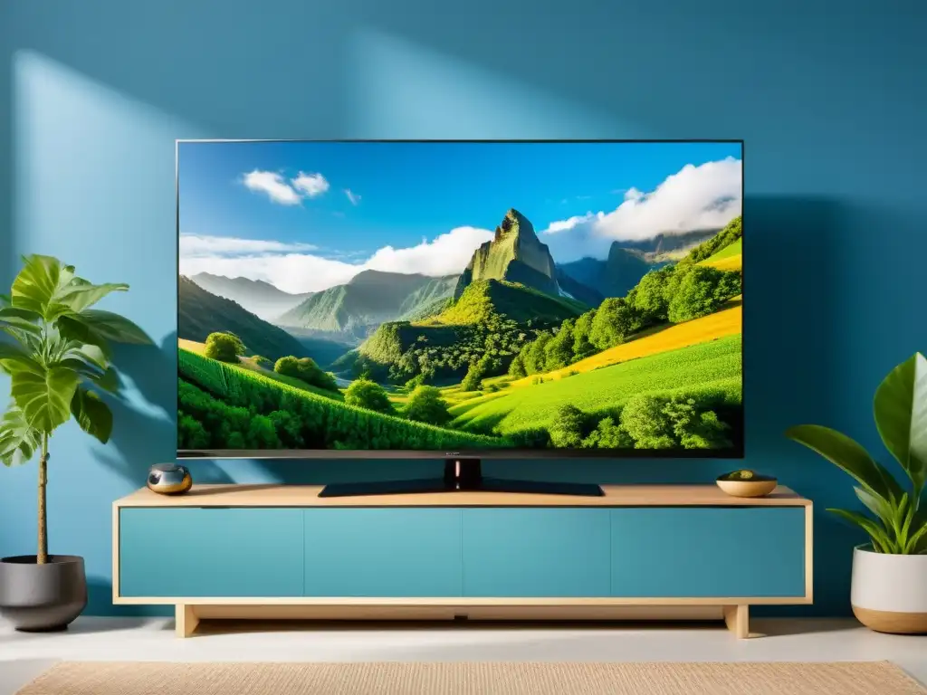 Televisores ecológicos para hogar sostenible: TV 8k en sala moderna con escena natural en pantalla, diseño elegante y materiales sostenibles
