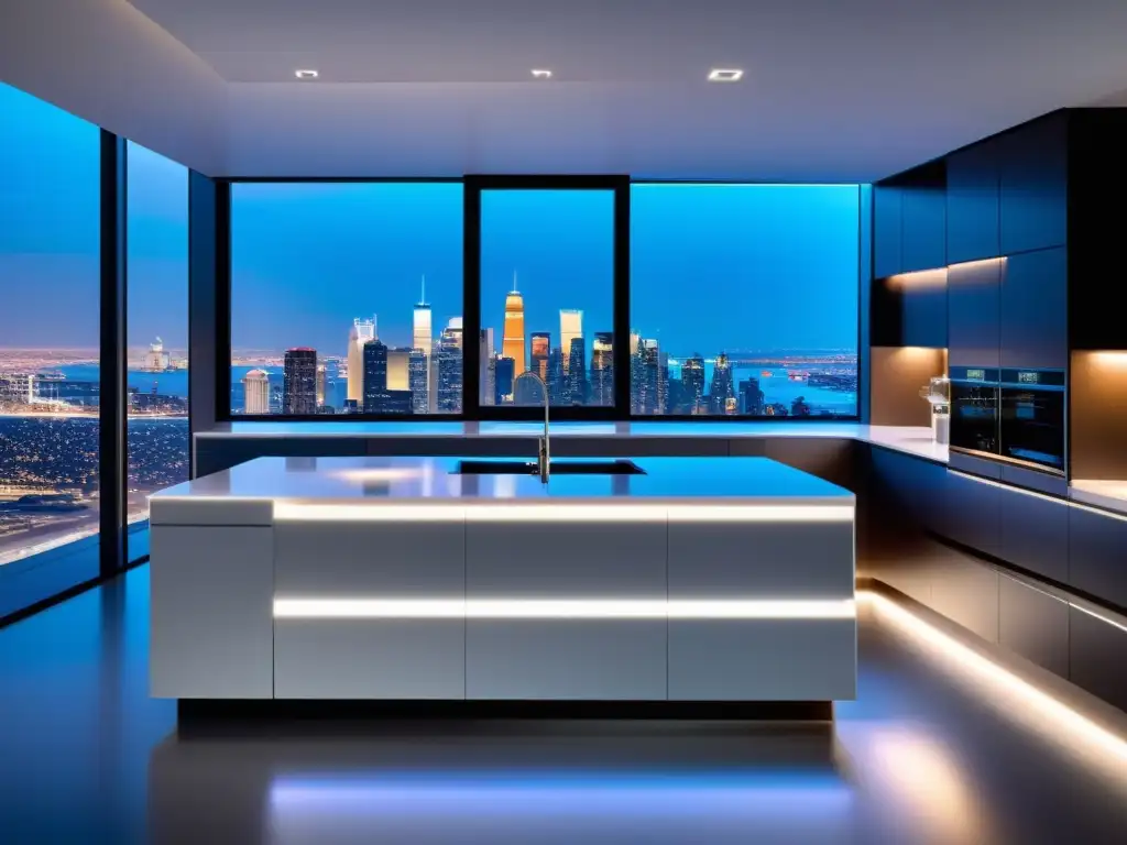 Cocina futurista con tecnología inteligente y vistas panorámicas Tendencias cocinas del futuro: Cocina futurista con tecnología integrada, ventana panorámica y diseño vanguardista
