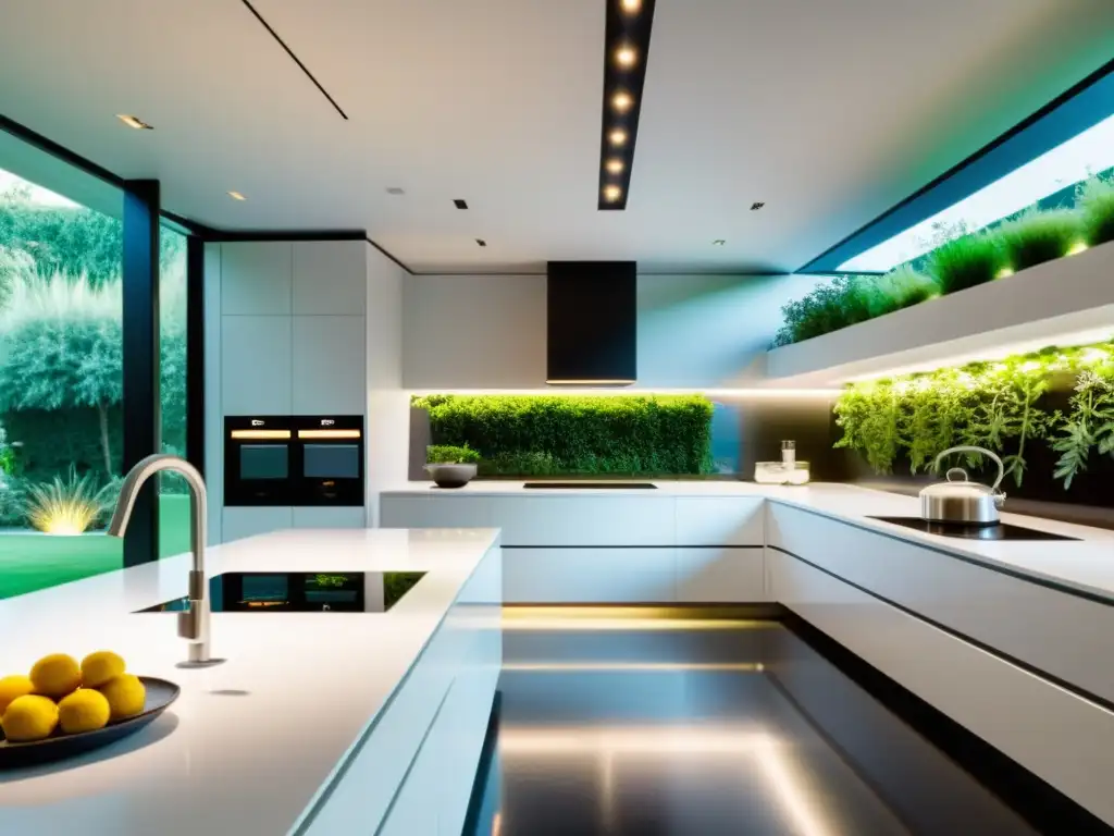 Cocina futurista con tecnología inteligente y jardín integrado Tendencias cocinas del futuro: Cocina futurista con diseño minimalista, electrodomésticos de última generación y luz ambiental LED