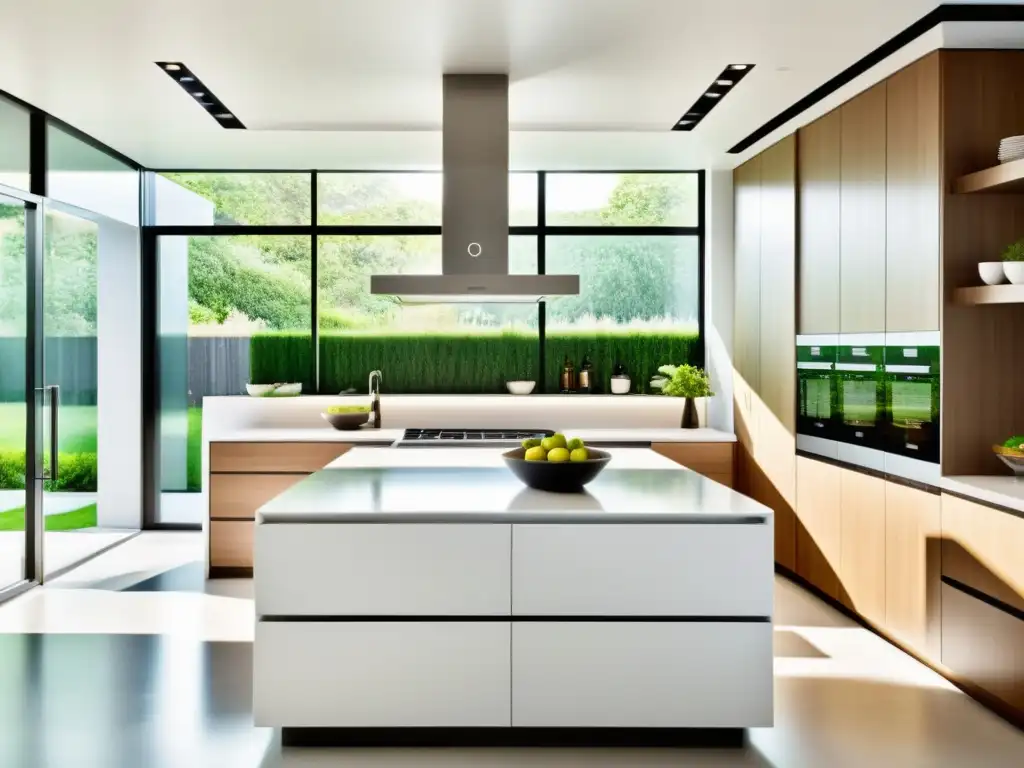 Cocina futurista con tecnología avanzada y diseño orgánico Tendencias cocinas del futuro: Concepto de cocina futurista con tecnología moderna y ambiente acogedor iluminado por luz natural y vistas al jardín