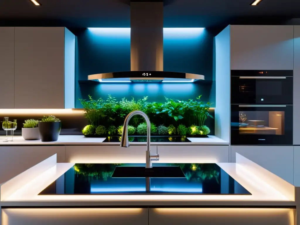 Cocina futurista con holografía y jardín vertical Tendencias cocinas del futuro: Prototipo de cocina futurista con controles holográficos, jardín vertical integrado y electrodomésticos minimalistas de alta tecnología