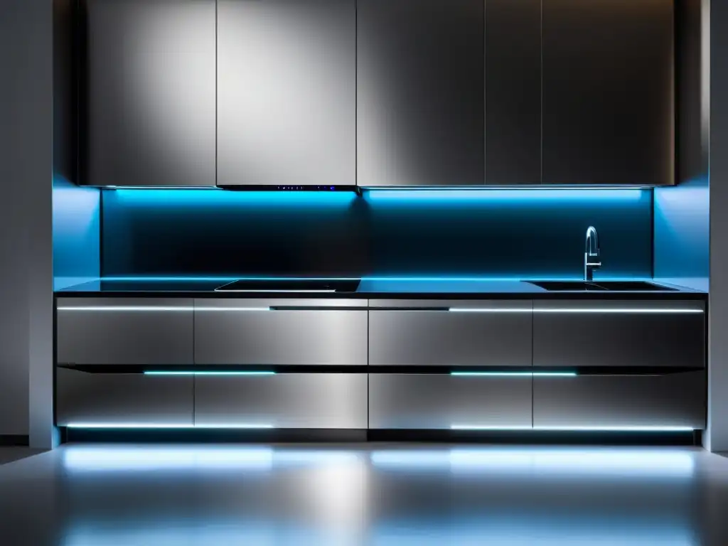 Cocina futurista con electrodomésticos de vanguardia Tendencias emergentes electrodomésticos 2023: Cocina futurista con electrodomésticos vanguardistas y elegante iluminación ambiental