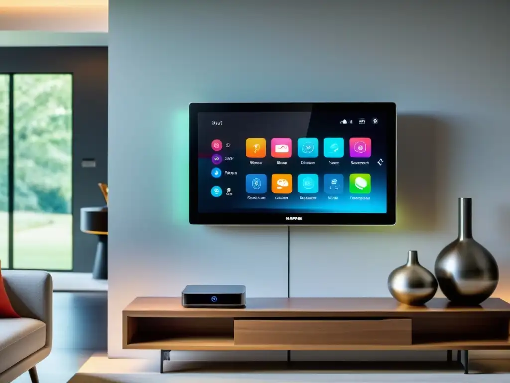 Panel de control inteligente para hogar moderno Tendencias automatización hogar 2023: Panel de control inteligente en una sala minimalista con dispositivos conectados y diseño futurista
