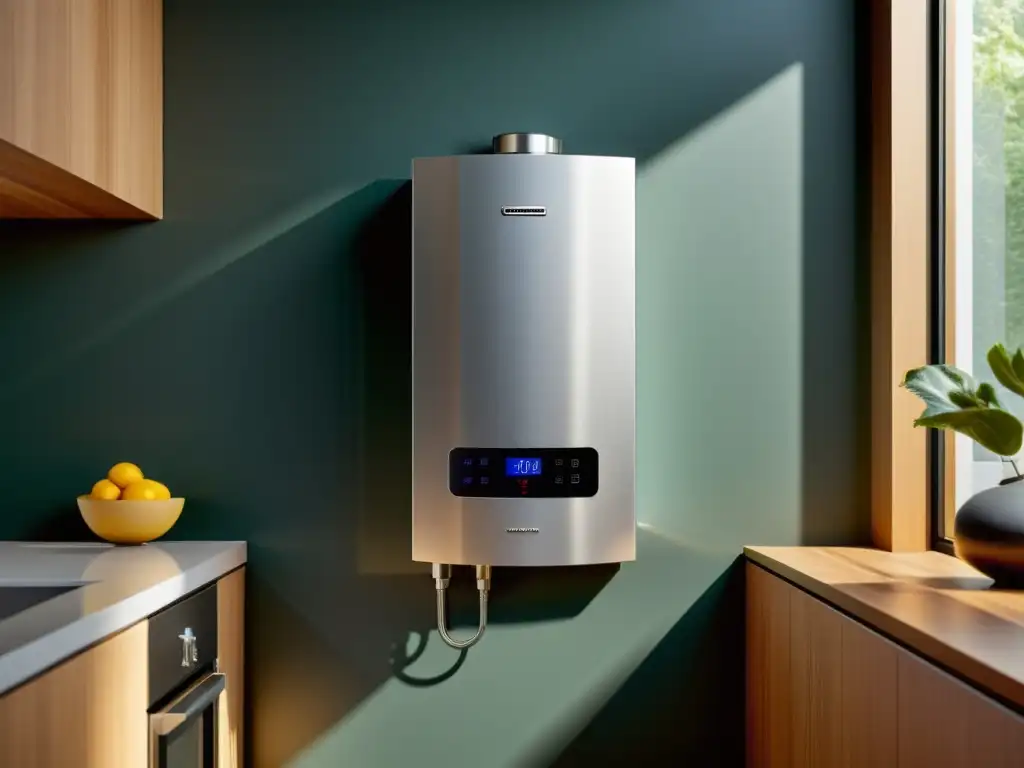 Calentador de agua sin tanque en cocina moderna Termo de agua sin tanque en cocina moderna y elegante, eficiente y espacial, con display digital