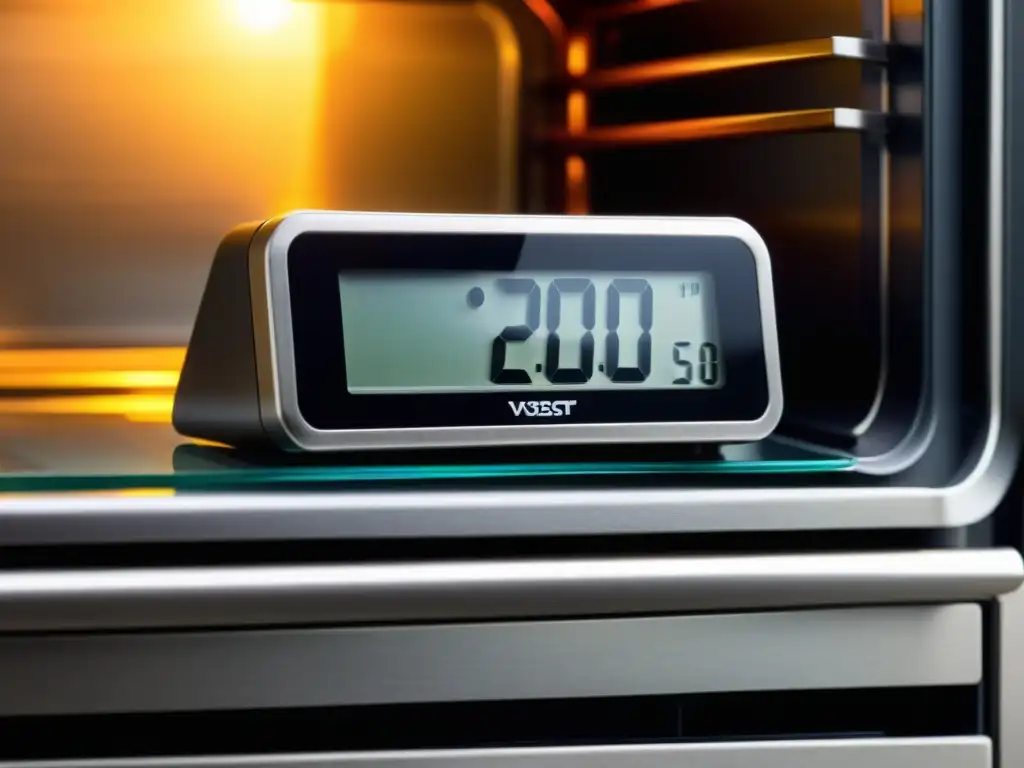 Termómetro digital de horno muestra la temperatura perfecta Un termómetro digital muestra la temperatura deseada en un horno precalentado con diseño moderno de acero inoxidable y calor uniforme