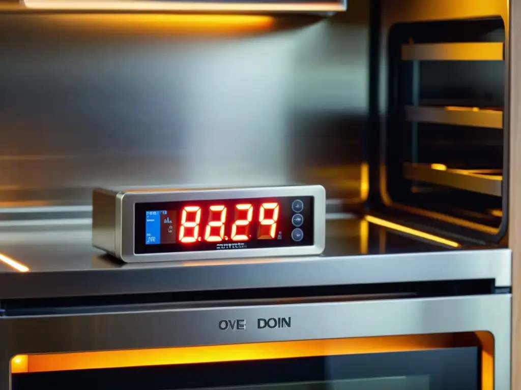 Termómetro de horno de acero inoxidable: precisión y modernidad Un termómetro de horno de acero inoxidable de grado profesional con pantalla digital, iluminado por la cálida luz de un horno moderno