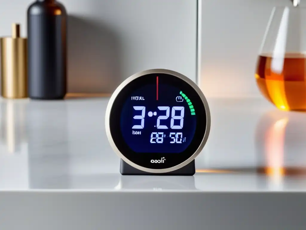 Termómetro inteligente y sensores: innovación moderna para el hogar Un termómetro y sensor inteligente de diseño moderno en un entorno minimalista