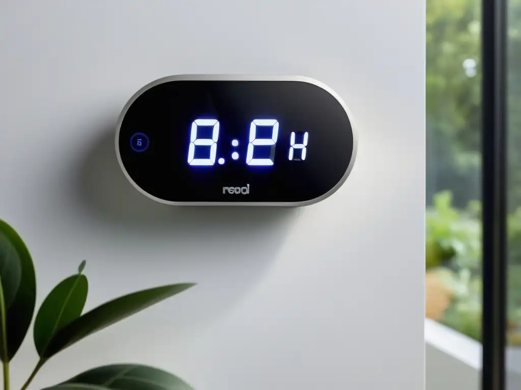 Termostato inteligente y moderno en sala minimalista Un termómetro y sensor inteligente hogar moderno, elegante y minimalista montado en una pared blanca en una sala de estar elegante