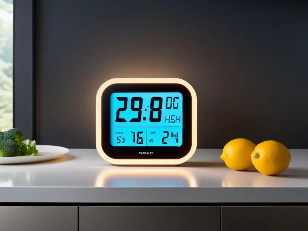 Contador de cocina inteligente: Futurista y funcional Termómetros y sensores inteligentes hogar: Cocina moderna con pantalla digital integrada en el ambiente, iluminación suave y diseño futurista