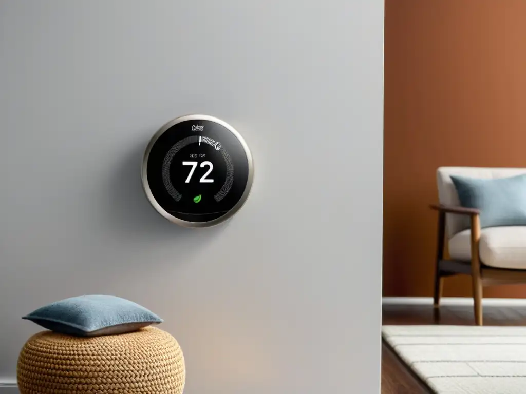Termostato inteligente en un salón acogedor Un termostato inteligente moderno y elegante en una pared blanca limpia, con una acogedora sala de estar al fondo