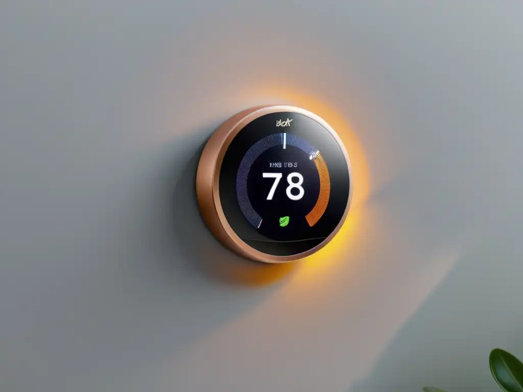 Termostato inteligente moderno en pared blanca Termostato inteligente con pantalla táctil, rodeado de decoración minimalista, emitiendo una cálida luz