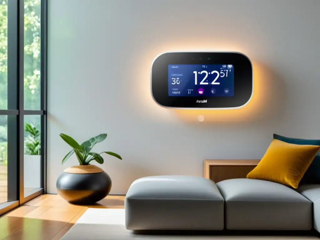 Termostato inteligente: confort y eficiencia en hogar moderno Termostato inteligente en pared blanca, ambiente moderno y confortable