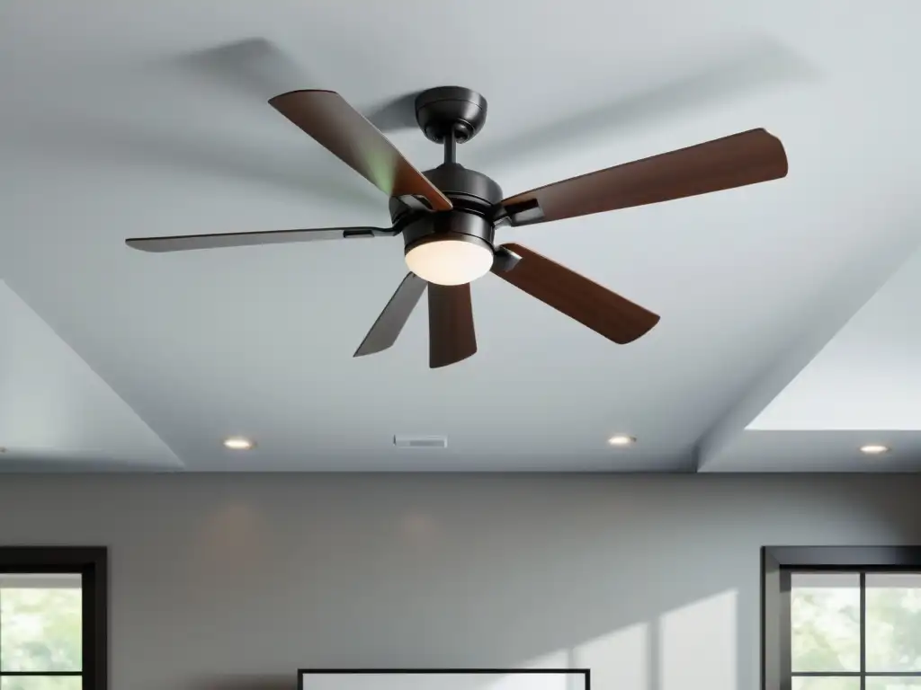 Termostato inteligente y ventilador: modernidad y confort en la pared Un termostato inteligente y un ventilador de techo moderno en una pared blanca