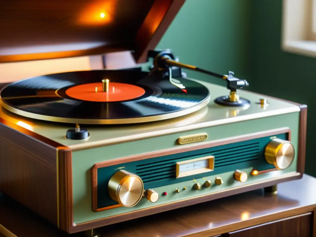 Tocadiscos vintage restaurado con encanto retro Un tocadiscos vintage restaurado con detalles de madera y latón, iluminado con calidez retro