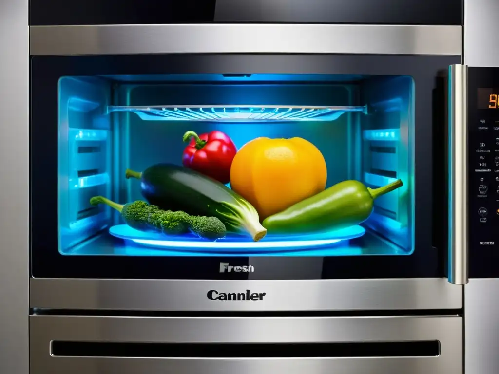 Vegetales y frutas en movimiento: cocción rápida y saludable en microondas Un torbellino de vegetales y frutas frescas girando en el microondas, mostrando la rapidez y eficiencia de cocinar