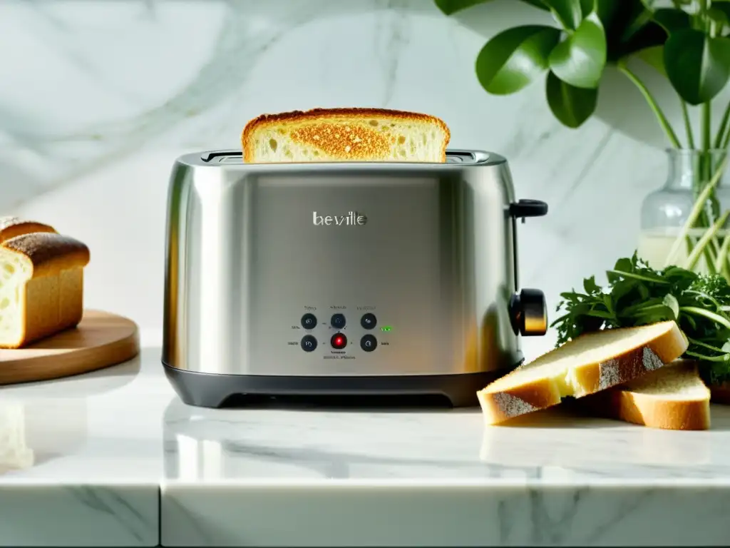 Deliciosa tostada dorada saliendo de la tostadora Breville Smart Toast El tostador Breville Smart Toast en una elegante encimera de mármol, con una rebanada de pan perfectamente dorada saliendo