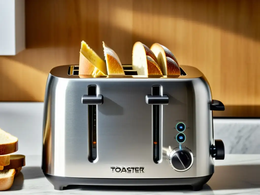 Toastera de diseño elegante y moderno con panes crujientes Una tostadora moderna con ajuste de grosor, pan dorado y una atmósfera acogedora en la cocina