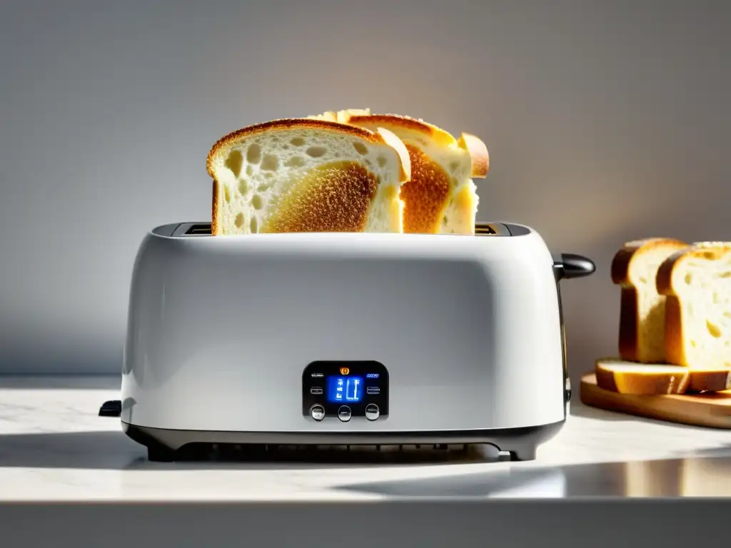 Moderno tostador digital con ajuste de grosor del pan Una tostadora moderna con ajuste de grosor, destacada en un entorno limpio y luminoso, con una rebanada dorada y perfecta saliendo