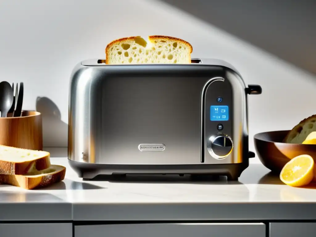Tostadora de diseño con pan dorado emergiendo, en cocina moderna Una tostadora moderna y elegante con ajuste de grosor, mostrando una rebanada dorada emergiendo, en una cocina contemporánea iluminada por el sol