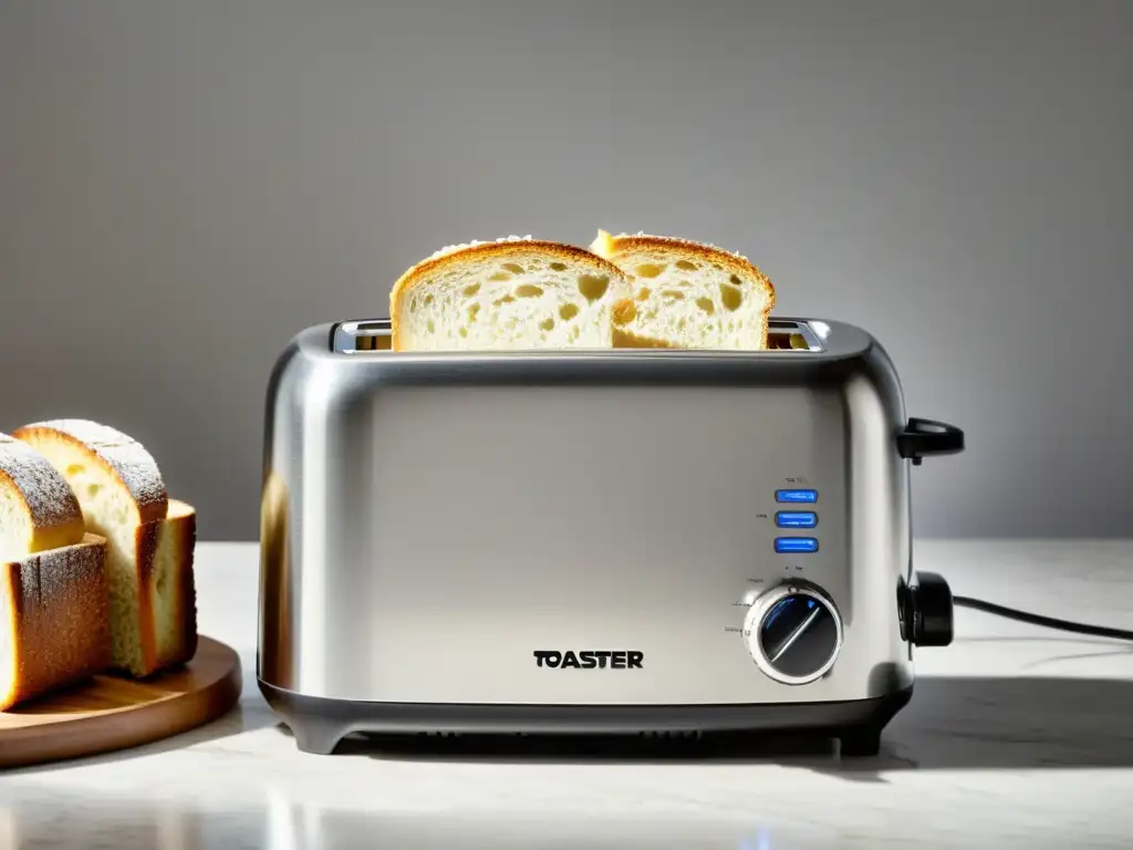 Tostadora moderna dorando pan integral en cocina contemporánea Una tostadora moderna y elegante tuesta un delicioso pan integral en una cocina contemporánea, destacando las opciones saludables para el desayuno