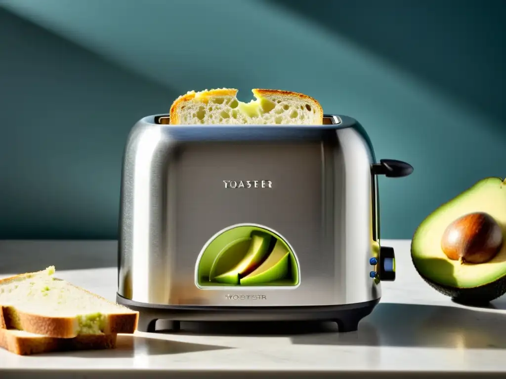 Desayuno moderno: tostada de aguacate en tostadora de acero inoxidable Una tostadora moderna y elegante con pan integral perfectamente tostado y aguacate