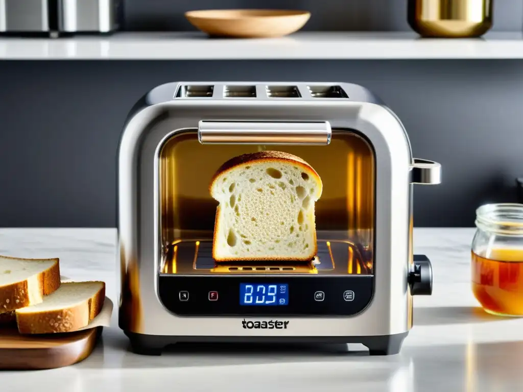Tostadora moderna con panel transparente: dorando pan integral Una tostadora moderna y elegante con pan integral tostado perfectamente, creando una escena acogedora en la cocina